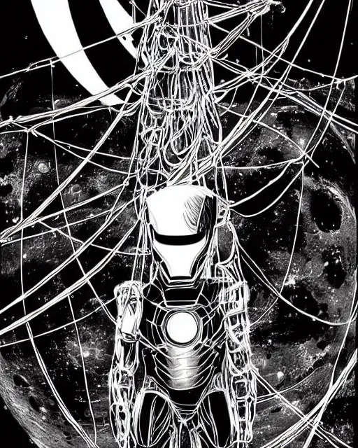 Image similar to black and white sad iron man with wires eat banana on hands on the destroed moon, wires earth background, by tsutomu nihei