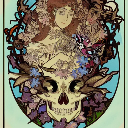 Image similar to anime manga skull portrait face skeleton with birds and nature illustration style by Alphonse Mucha and disney comic pop art nouveau