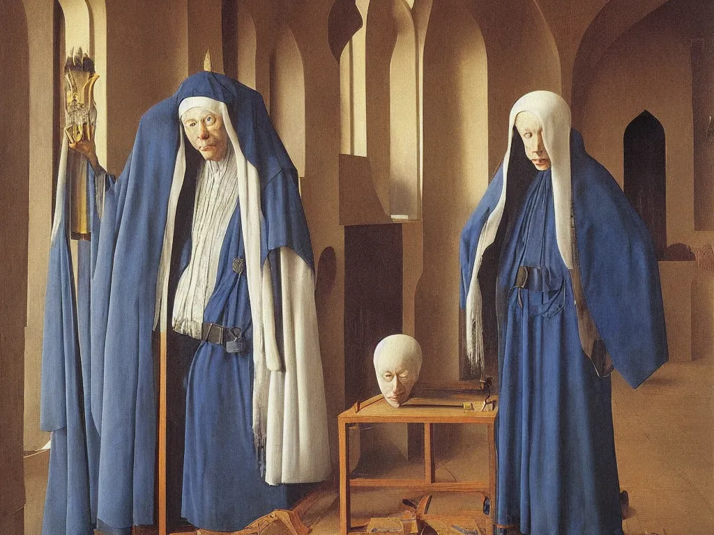 Prompt: Portrait of albino mystic with blue eyes in a mosque. Painting by Jan van Eyck, Audubon, Rene Magritte, Agnes Pelton, Max Ernst, Walton Ford