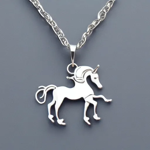 Prompt: a cute silver unicorn necklace pendant