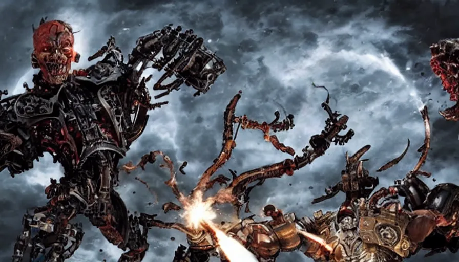 Image similar to big budget action movie about a demonic battle cyborg smashing up a science lab