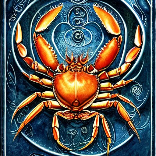 Prompt: detailed and sharp portrait of crab zodiac artwork, mystic style, detailed, 8 k, detailed, symmetrical, by brian froud