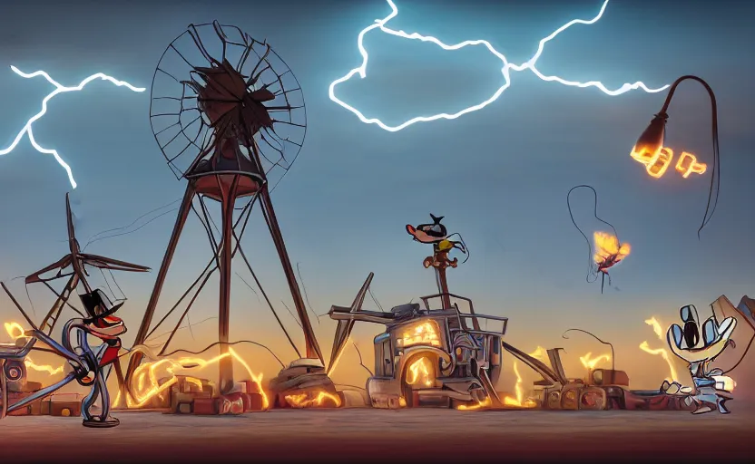 Image similar to a windmill, 1 9 2 0 s rubber hose cartoon style, looney tunes, silly symphony, robot, fire, ash, electricity lightning, furry, soft, concept art, sharp focus, intricate details, highly detailed, photorealistic, disney pixar, octane render, iridescent, anime, 8 k