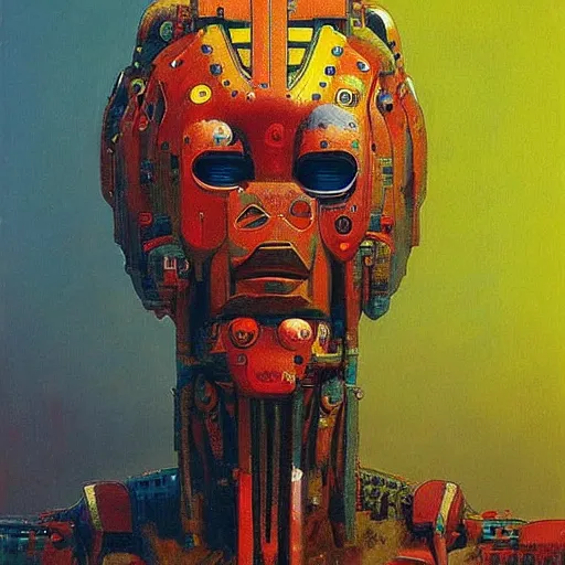 Prompt: portrait of a colourful african tribal mecha robot, painting by zdzislaw beksinski,