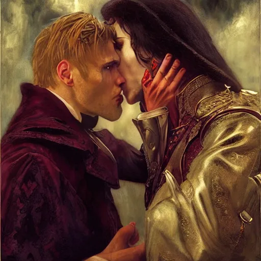 Image similar to attractive male, arthur pendragon confesses his love to attractive male dracula the vampire. highly detailed painting by gaston bussiere, craig mullins, j. c. leyendecker 8 k