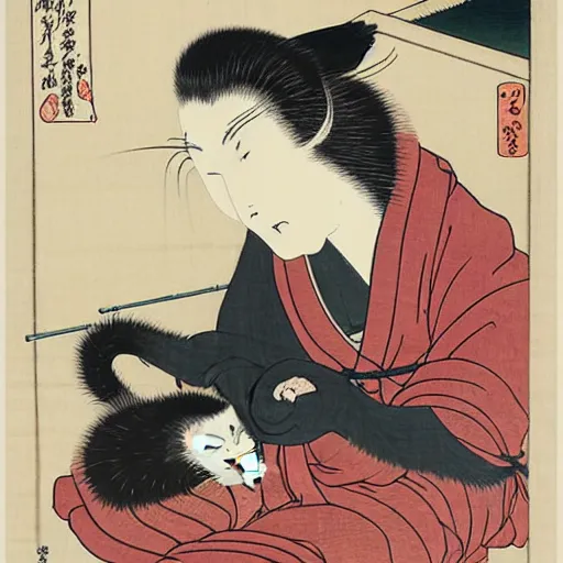 Image similar to a hokusai ukiyo - e portrait of a cat grooming itself, a shocked woman looks at the cat, japanese quote in the top left corner