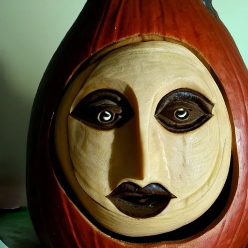 Prompt: gourd carved to look like the face of amber heard