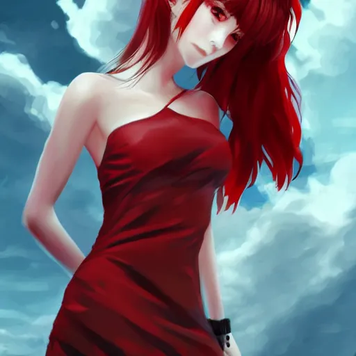 Prompt: a girl wearing a red dress, she is holding a skull head, anime art, HD, ambient lighting, artstation, smooth