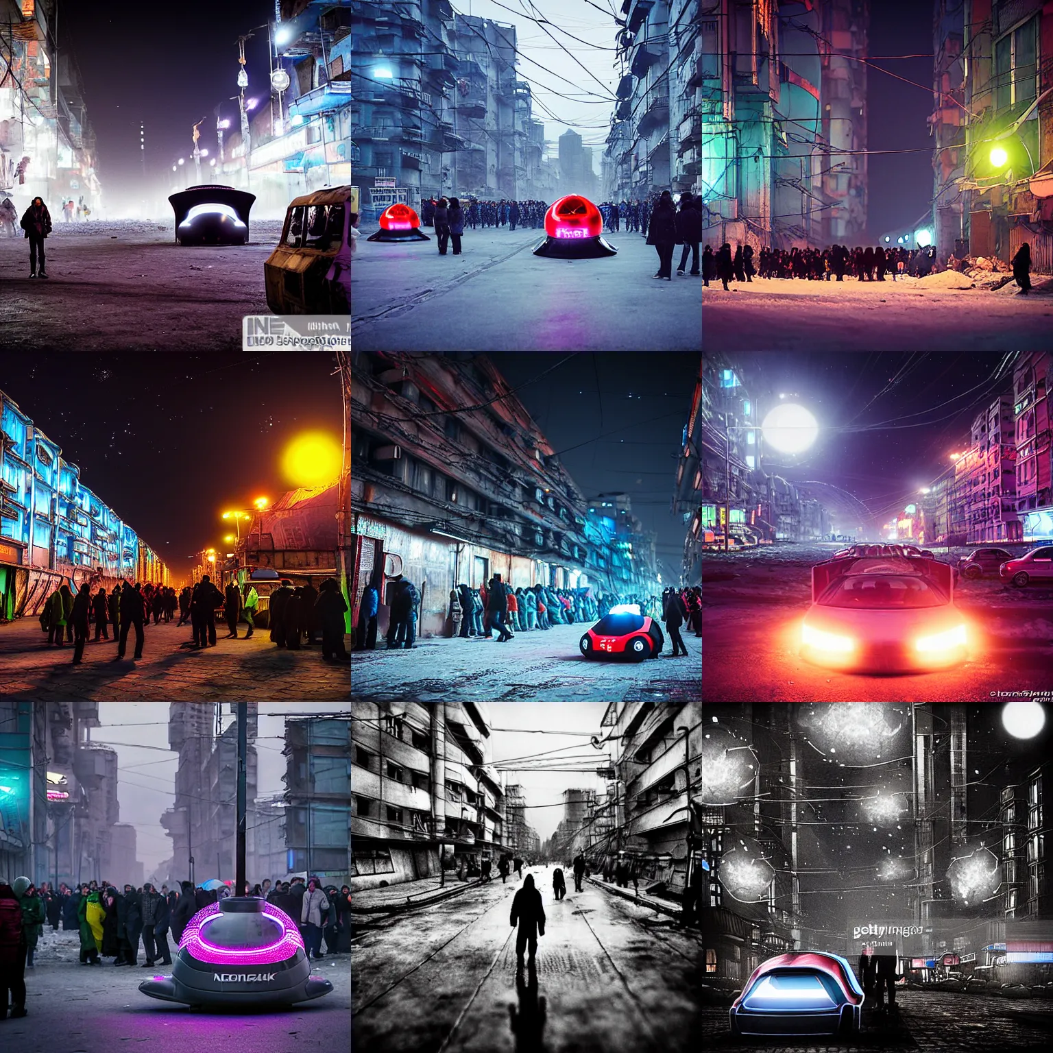 Prompt: streets are crowded with plasma hovercraft in a Russian cyberpunk slum city called Neo Norilsk on the Moon, at night, diverse, lively, black sky full of stars, blinding sun, sci-fi, lots of flying cars, levitation, cyberpunk outfits, photorealistic, grainy, 35mm, intricate, very very beautiful, elegant, smooth, cinematic, Unreal Engine 5, by Beeple, trending on Artstation HD