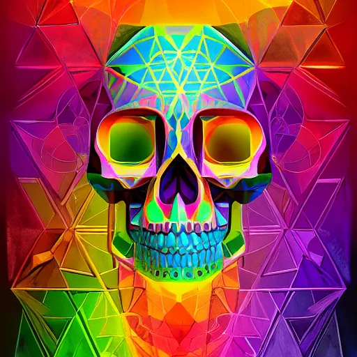 Image similar to Skull, Rainbow geometric architectures blend with organic shapes, Pop Surrealism, Essence of street forms, Geometric structures and multicolored prints, Colorful, High Detail, Symmetry, Poster,