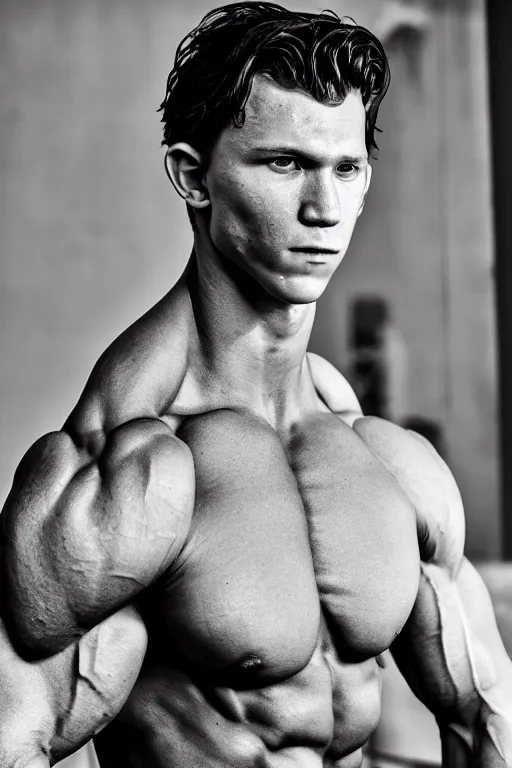 Prompt: Tom Holland is a jacked muscle builder gigachad, grayscale photography