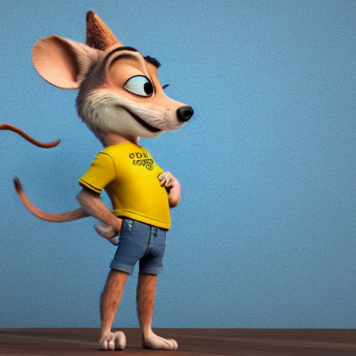 Image similar to 3 d render, portrait, upper body shot, mid shot, anthropomorphic mouse, female, wearing denim short shorts and a off yellow tank top shirt, solo, in the style of zootopia