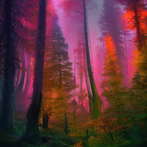 Prompt: a sharp unblurred velvia photograph of a glowing fractal forest by greg rutkowski, thomas kinkade and Julius Horsthuis, Trending on artstation, Trending on deviantart