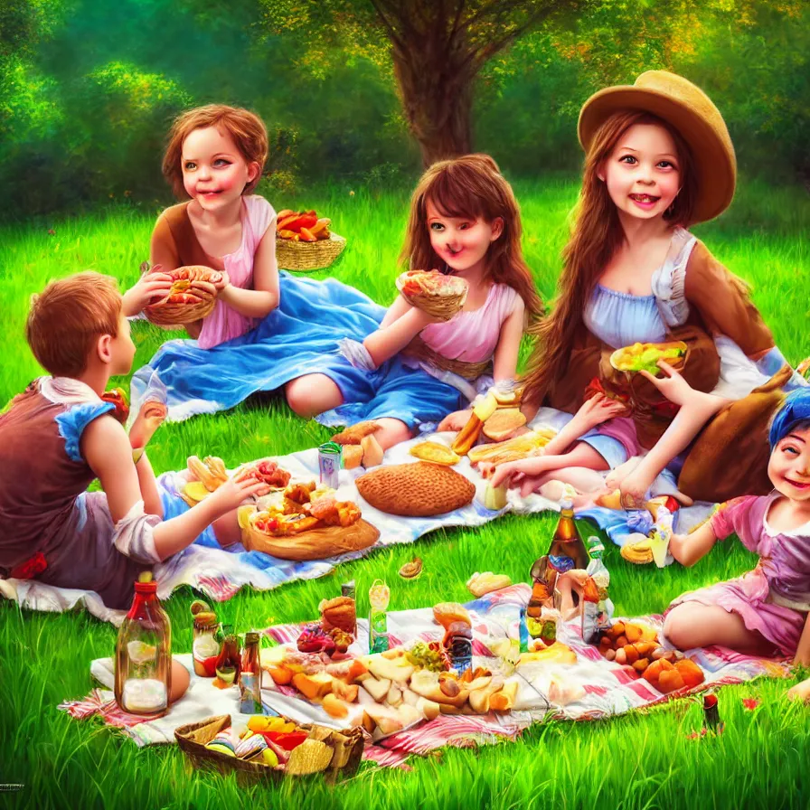 Image similar to epic professional digital portrait of 🧸🧺 picnic, for kids happy, cheerful, fun, kid safe, detailed, hdr, 4 k, best on wlop, pixiv, stunning, gorgeous, much wow, cinematic, masterpiece