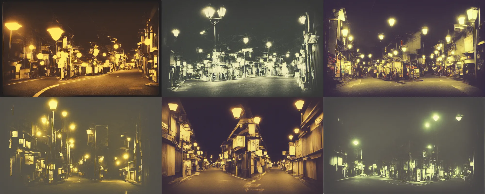 Prompt: “atmospheric Polaroid photograph of a Kyoto street at night, illuminated by bright street lamps”