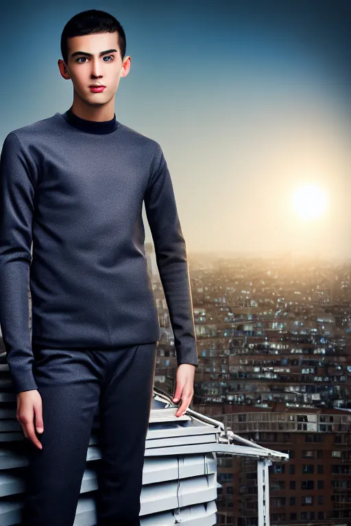 Image similar to un ultra high definition studio quality photographic art portrait of a young man standing on the rooftop of a british apartment building wearing soft padded silver pearlescent clothing. three point light. extremely detailed. golden ratio, ray tracing, volumetric light, shallow depth of field. set dressed.