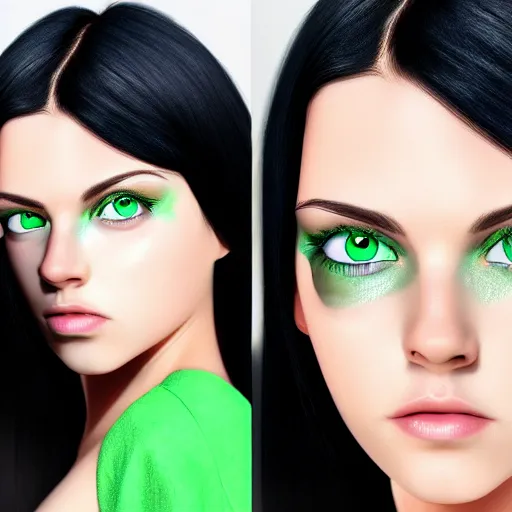 Prompt: photorealistic portrait of beautiful toxic girl, black hair, blue eyes, smooth face, perfect eyes, half body shot, elegant, realistic, glowing skin, detailed face, green colours, sharp focus