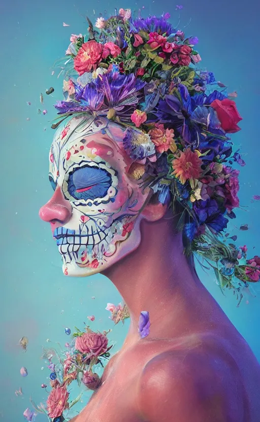 Image similar to a beautiful oil painting hyperrealism of a beautiful woman, flowers, dia de los muertos makeup, floral headdress, 8 k resolution, octane render, trending on artstation, by gediminas pranckevicius, volumetric light 2 blue fractal thunder glow by dan mumford, anaglyph effect, laurie lipton