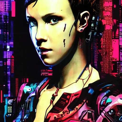 Image similar to Portrait of cyberpunk cyborg Millie Bobby Brown by Yoji Shinkawa