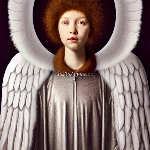 Image similar to highdetailed hyperrealistic painting of white angel in the hood!!!!, giant ball of miracle light from the chest!!!!!, 4 k hd fur face!!!, big wings, by jan van eyck, holography space, white sparkles everywhere, thin strokes, high textures, silver background