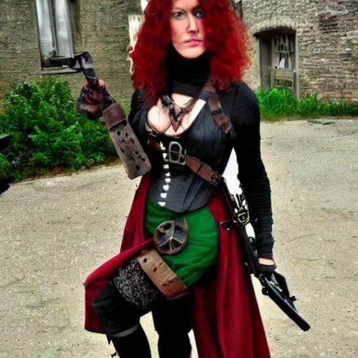 Image similar to full body photo of a steampunk rogue woman