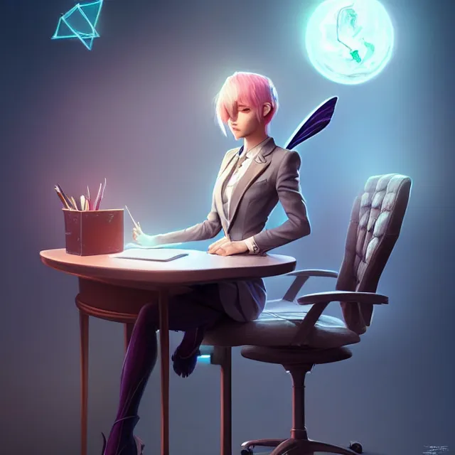 Prompt: epic professional digital art of a fairy in a professional business suit, sitting at a desk,, best on artstation, cgsociety, wlop, Behance, pixiv, astonishing, impressive, outstanding, epic, cinematic, stunning, gorgeous, much detail, much wow,, masterpiece.