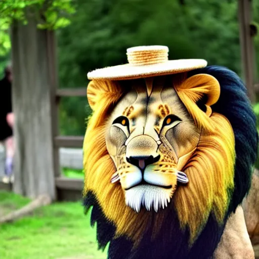 Image similar to lion at the zoo wearing a hat