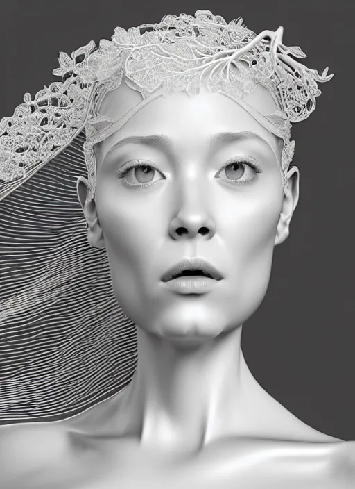 Image similar to complex 3d render ultra detailed of a beautiful porcelain profile young woman face, biomechanical cyborg, 150 mm lens, beautiful studio soft light, rim light, silver white gold details, magnolia big monochromatic lemon leaves and stems, roots, fine foliage lace, mesh wire, Alexander Mcqueen high fashion haute couture, art nouveau fashion embroidered, stteampunk, intricate details, hyper realistic, ultra detailed, mandelbrot fractal, anatomical, facial muscles, cable wires, microchip, elegant, octane render, H.R. Giger style, volumetric lighting, 8k post-production