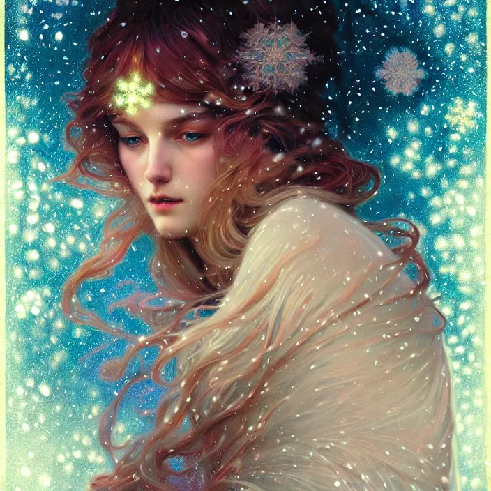 Image similar to psychedelic snowfall Spirit of Christmas, diffuse lighting, fantasy, intricate, elegant, highly detailed, lifelike, photorealistic, digital painting, artstation, illustration, concept art, smooth, sharp focus, art by John Collier and Albert Aublet and Krenz Cushart and Artem Demura and Alphonse Mucha