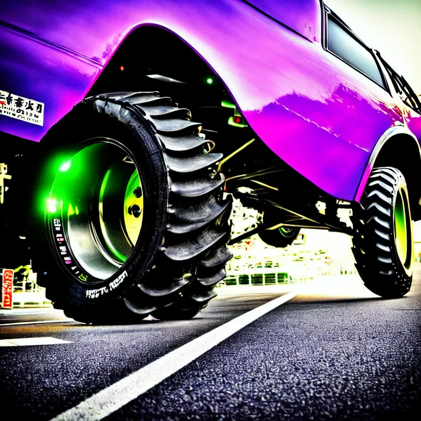 Image similar to close-up JZX100 twin turbo drift jet engine monster truck drag racer cowboy Cadillac in the road, Tokyo prefecture, Japanese architecture, city sunset mist lights, cinematic lighting, photorealistic, detailed alloy wheels, highly detailed purple green snake oil wacky races power ranger bat-mobile transformer car