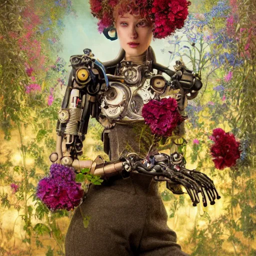 Prompt: a beautiful intricate fine art portrait photo of a farewell moment between a mechanical industrial steampunk cybernetic robot and a human overgrown with colorful flowers and leaves by tom bagshaw and zach sutton, golden ratio composition, studio lighting, 50mm lens, very detailed, bionic, cybernetic scifi, deep depth of field, artstation, 8K, highly coherent