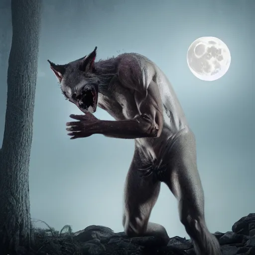 Image similar to man ripping off his skin turning into a werewolf, forest scenery, full moon, illuminated lighting, highly detailed, 4 k