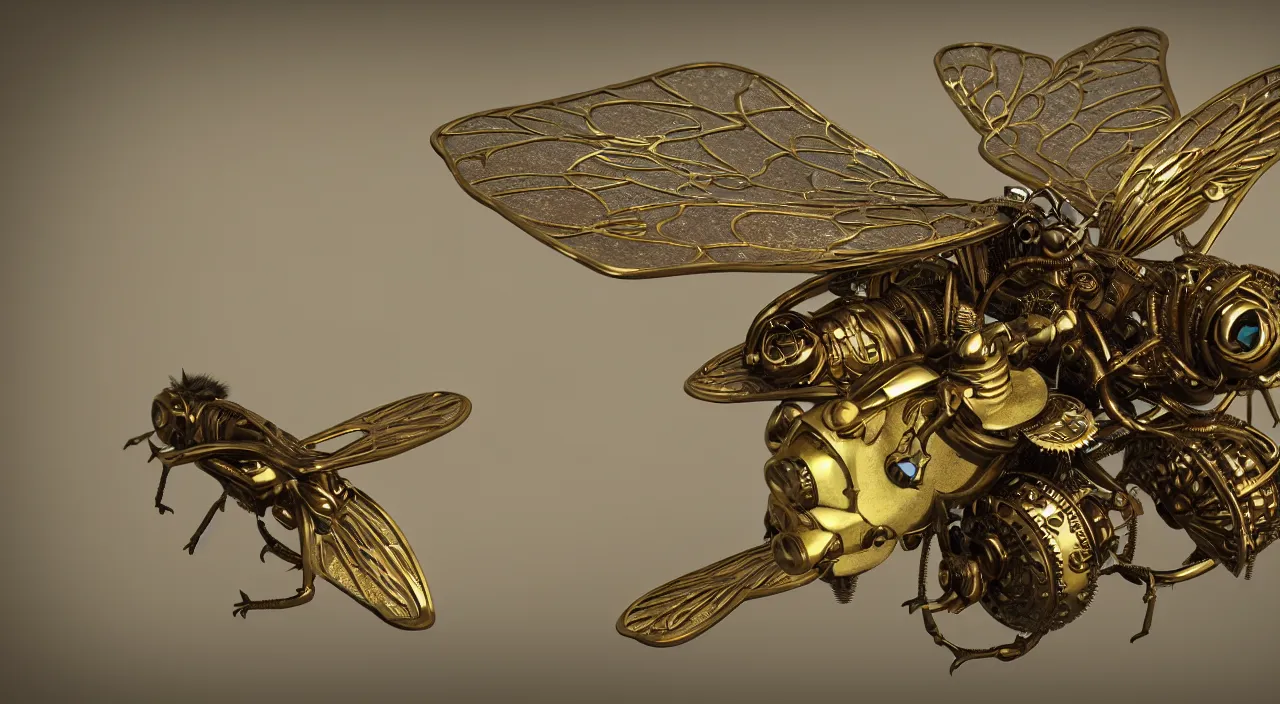 Prompt: brass steampunk housefly with stained glass wings sitting on a leaf. clockwork. gears, pipes. goggles. rivets. octane render. highly detailed.