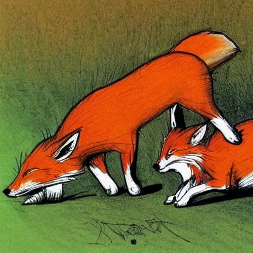 Image similar to ralph steadman style drawing of a fox and rabbit playing together, very detailed