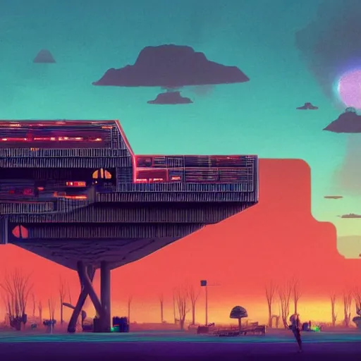 Prompt: A building shaped like a MiniDisc, afrofuturism, Simon Stalenhag, 8K concept art, red skies, intricate details, minimal artifacting