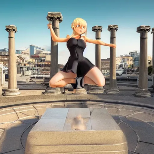 Image similar to blonde - haired princess, anime princess, wearing skinsuit, action pose, parkour, plaza, greco - roman pillars, golden hour, partly cloudy sky, sepia sun, strong lighting, strong shadows, vivid hues, ultra - realistic, sharp details, subsurface scattering, intricate details, hd anime, 2 0 1 9 anime