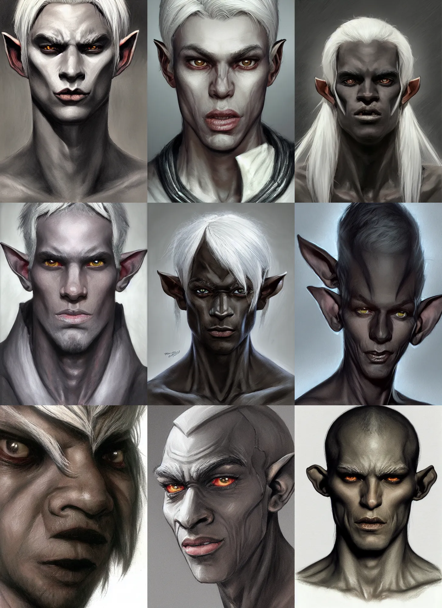 Prompt: a head portrait of a dark drow elf male, medium length slick white hair, charcoal skin, smooth skin, young adult in with late twenties, happy, pointed chin, charcoal color skin, curious, style by donato giancola, wayne reynolds, jeff easley dramatic light, high detail, cinematic lighting, artstation, dungeons and dragons