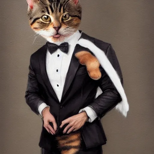 Prompt: cute kittycat man man wearing a cat costume wearing a tuxedo ripped physique greg rutkowski portrait