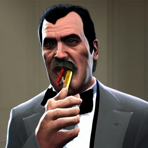 Image similar to portrait of bruce campbell dressed in a tuxedo smoking a cigar. gta v graphics