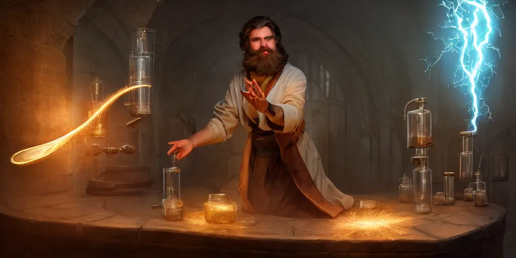 Prompt: a handsome bearded caucasian male sorcerer with brown hair he is casting a spell with flowing energy, he is in a alchemist lab filled with beakers and equipment, neutral pose, epic composition, 4 k, light rays, super coherent, by dave melvin 1. 0 | dan luvisi 2. 0 | greg rutkowski 0. 5