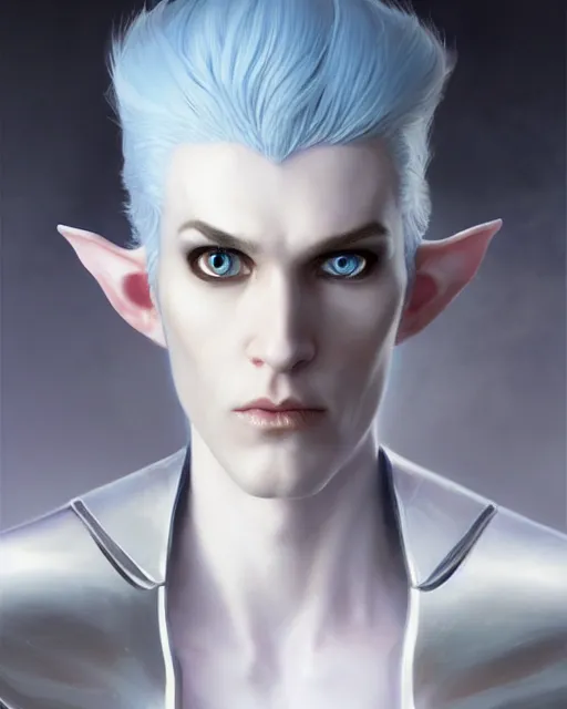 Image similar to character portrait of a ( slender young half elven man with ( white hair ) ( piercing blue eyes ) and ( pale blue skin ) ), wearing sleek pearlescent black armor, by greg rutkowski and mark brookes and jim burns and tom bagshaw and magali villeneuve, trending on artstation