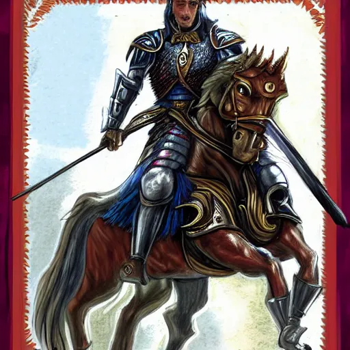 Image similar to Emmanuel macron, in fantasy armor on a battle horse without a helmet, hair in the wind, high detail, realistic, art by invincible