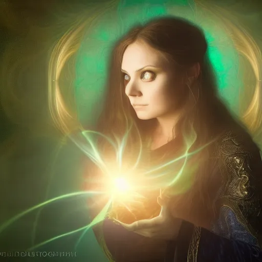 Image similar to portrait of a female warlock casting a magic spell, blueish aura by her side, mystic, fantasy, magic, award winning photography, hdr, studio lighting medium close shot, mucha style,