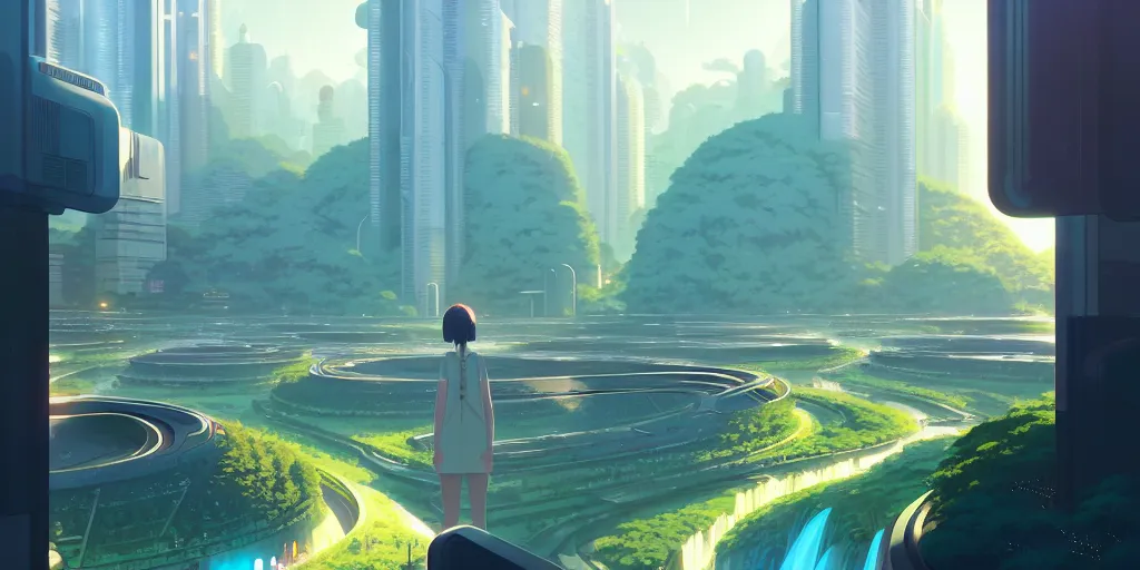 Image similar to futuristic city with tall shiny marble buildings in an evergreen valley, several waterfalls, landscape, global illumination, morning light, radiant light, bird's eye view, by makoto shinkai and lois van baarle, ilya kuvshinov, rossdraws, tom bagshaw