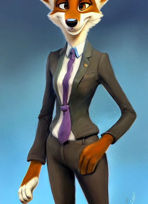 Image similar to oil painting of detailed full body of anthromorphic female wolf, in style of zootopia, zootopia, zootopia, fursona, furry, furaffinity, 4 k, deviantart, furry art, fursona art, wearing black business suit, business suit, in style of zootopia, wolf fursona, cyberpunk, female, expressive detailed feminine face,