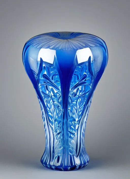 Prompt: Vase in the shape of a mushroom, with blue accents, designed by Rene Lalique