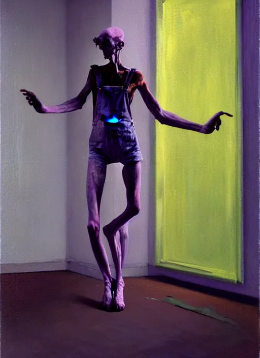 Prompt: an expressive insane skinny artist wearing overalls physically fighting with a ghost, inside a grand studio, depth of field, hauntingly surreal, highly detailed oil painting, by francis bacon, edward hopper, adrian ghenie, glenn brown, soft light 4 k, purple and blue colour palette, cinematic composition, cinematic lighting, high quality octane render, masterpiece