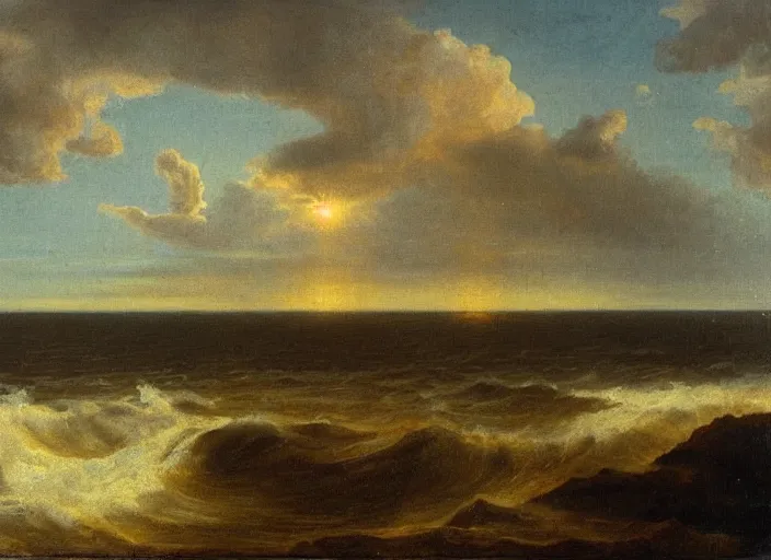 Prompt: the north sea ( doggerland ) during the last ice ages, in the style of hudson river school of art, oil on canvas