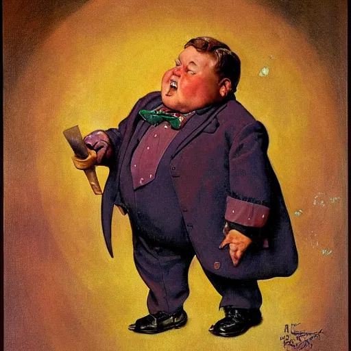 Prompt: A full body portrait of a magian that is a chubby little man with an evil look, high detail, fantasy art, greg rutkwoski, norman rockwell