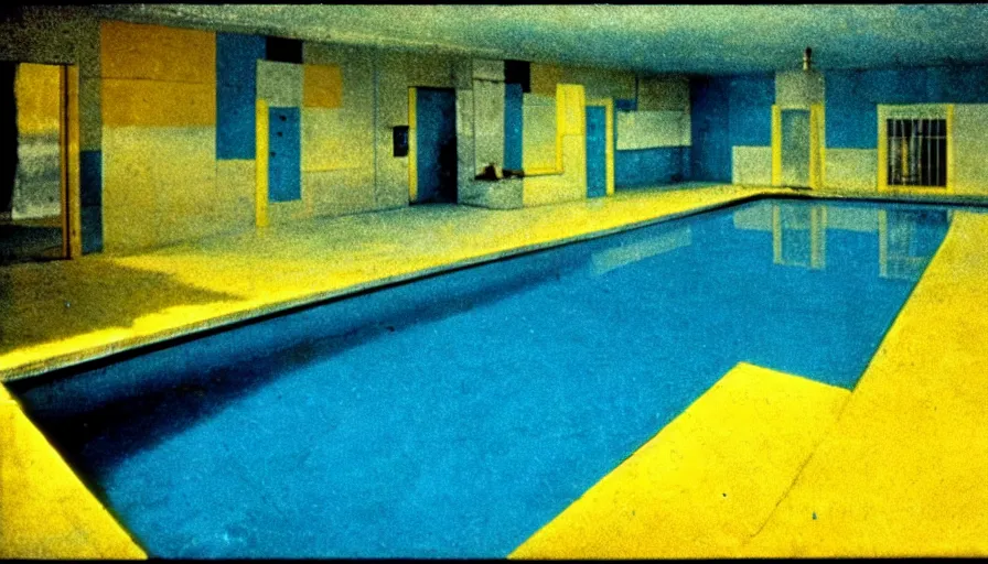 Prompt: 1 9 6 0 s movie still of an empty blue and yellow tiles swimmingpool, low quality, liminal space style